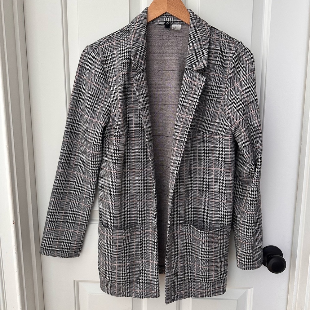 Light pink and black and white Plaid Women's Blazer Jacket